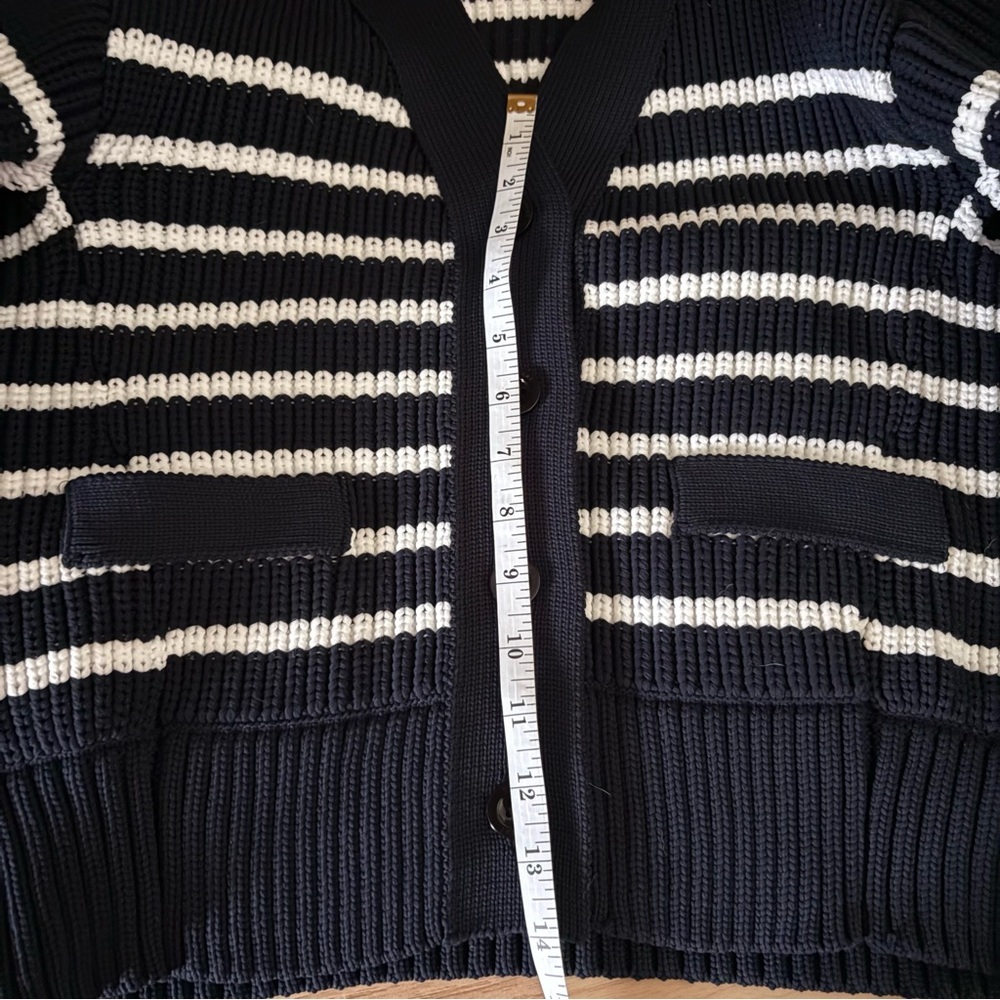 SACAI sz 1 S Thick Knit Horizontal Stripe Cardigan Sweater Navy Blue White - Picture 15 of 16
